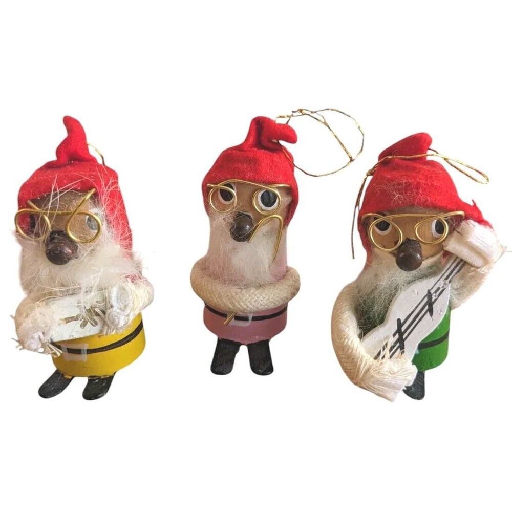 3 VTG Kurt Adler Ornaments Gnome with Glasses Gift Guitar Pink Yellow Green 2.5"